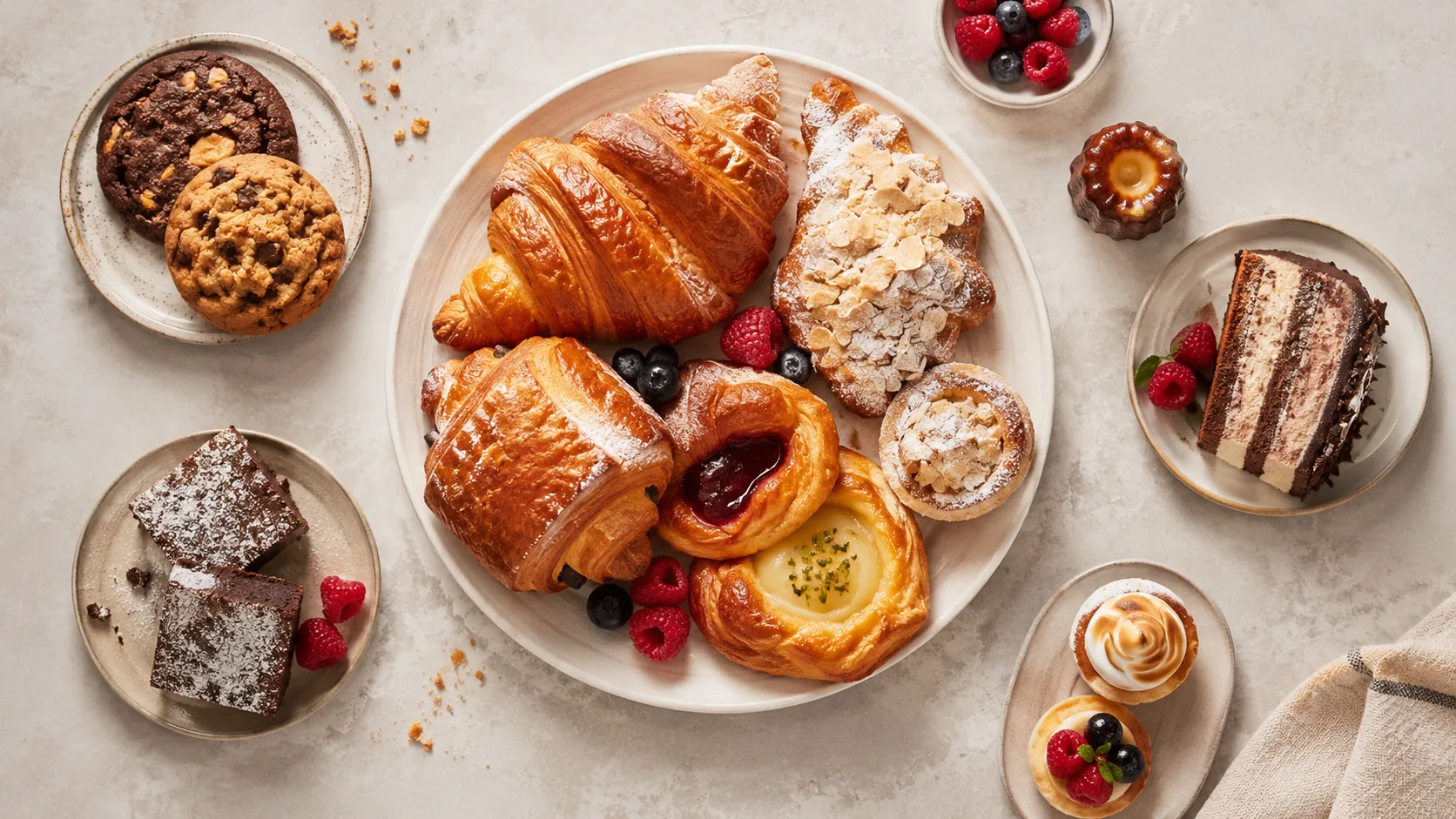 Overhead view of freshly baked pastries and bread